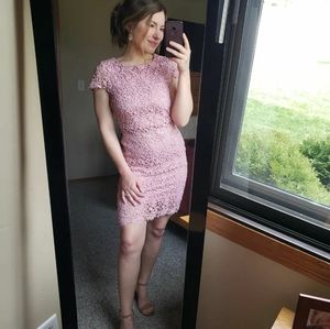 Pink lace wedding guest dress
